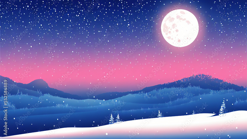 (Winter Landscape at Night) a stunning image of a snowy landscape at night, with a full moon and twinkling stars (Winter Landscape at Night) a stunning image of a snowy landscape at night, with a full moon and twinkling stars