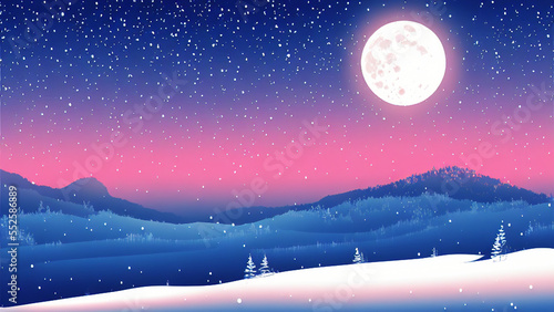 (Winter Landscape at Night) a stunning image of a snowy landscape at night, with a full moon and twinkling stars