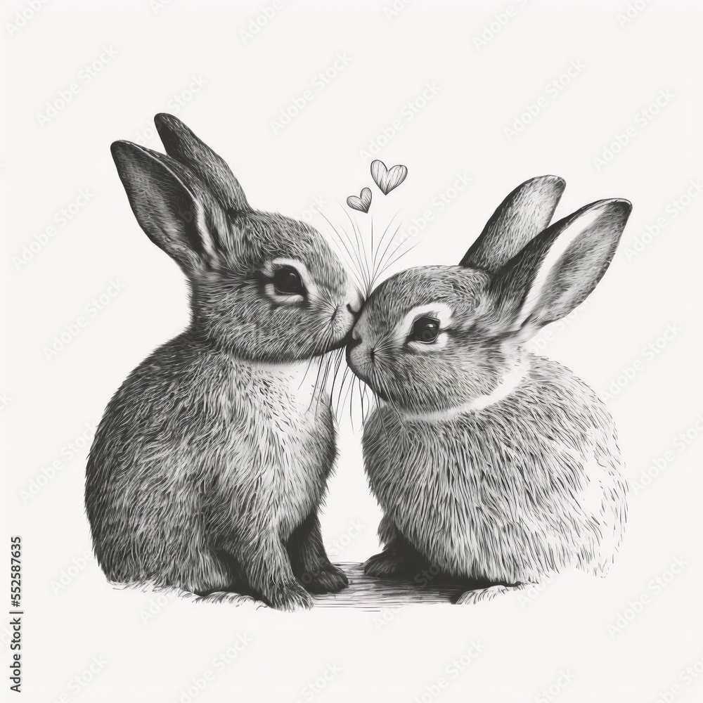 Realistic sketch of two bunnies kissing. Lettering greeting for valentines day, I love you. Hand drawn, invitation. Illustration of generative ai