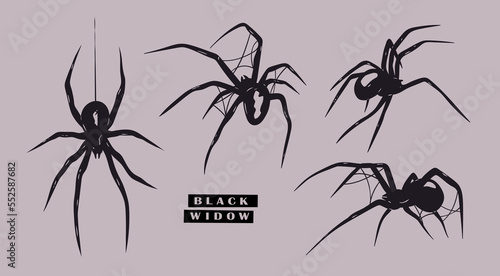 Black Widow spider set. Various positions. Every spider is isolated. Deadly venomous spider. Hand drawn Vector illustration. Logo, icon, tattoo idea, halloween decoration, design elements template