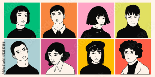 Portraits of Teenage boys and girls. Young people look at the camera. Cute characters. Cartoon comic asian style. Social network avatar templates. Hand drawn trendy Vector illustration. Isolated icons
