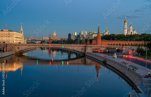 Night view of Moscow Kremlin and Moskvoretskaya embankment in Moscow  Russia. Architecture and landmarks of Moscow. Postcard of Moscow