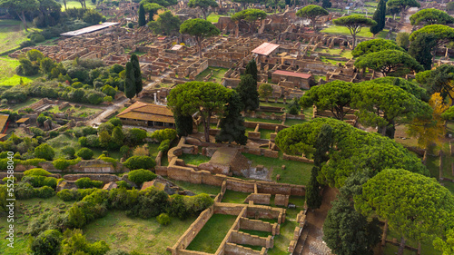 Aerial view on the Excavations road of Ostia Antica, a large archaeological site. These Roman ruins are located in the archaeological area of Ostia, near Rome, Italy. 