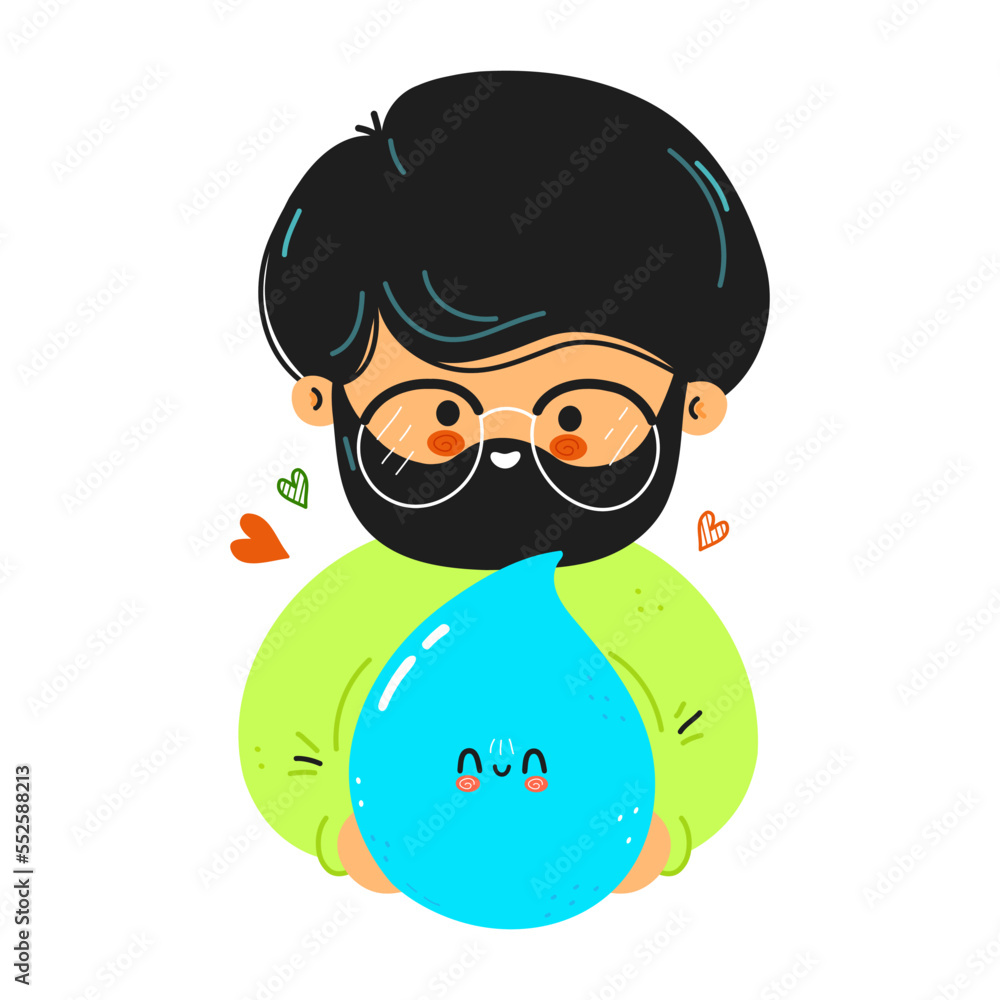 Young cute funny men hold water drop in hand. Young boy hugs cute water drop. Vector hand drawn doodle style cartoon character illustration icon design. Isolated on white background