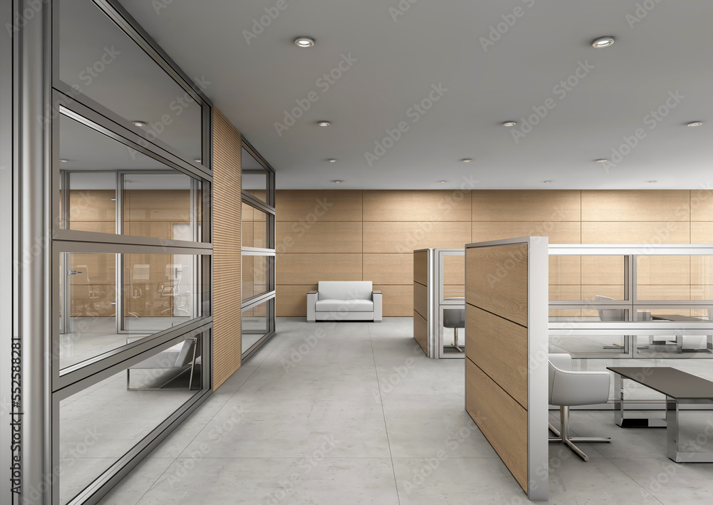 3d rendering empty office workstation partition interior 