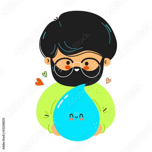 Young cute funny men hold water drop in hand. Young boy hugs cute water drop. Vector hand drawn doodle style cartoon character illustration icon design. Isolated on white background