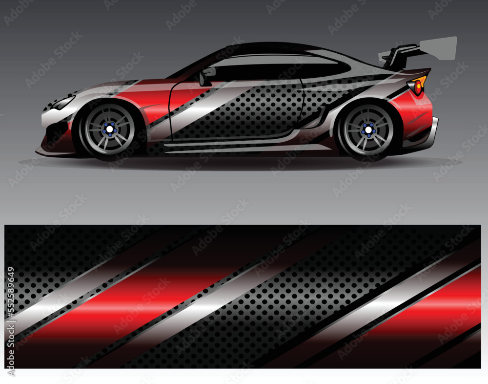 Fototapeta premium Car wrap design vector. Graphic abstract stripe racing background kit designs for wrap vehicle race car rally adventure and livery