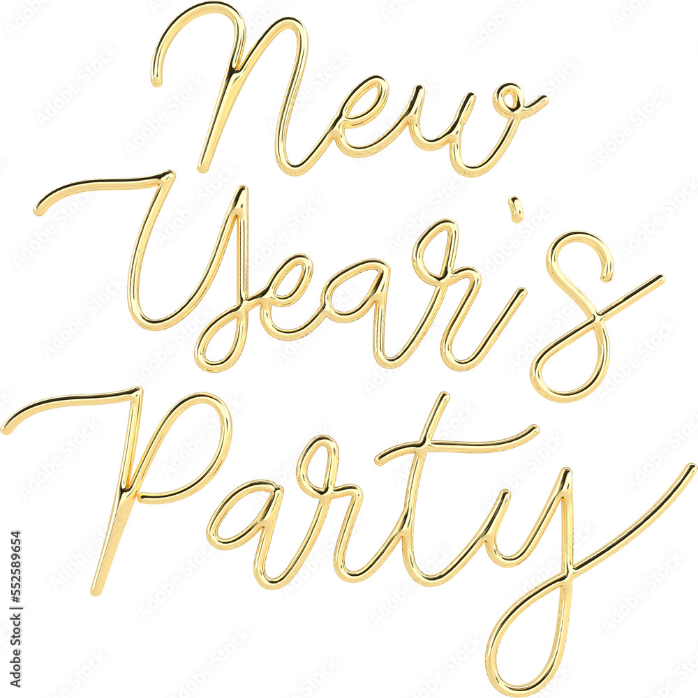 New Year's Party Golden 3D Metallic Thin Chrome Cursive Text Typography New Year's Party Golden 3D Metallic Thin Chrome Cursive Text Typography
