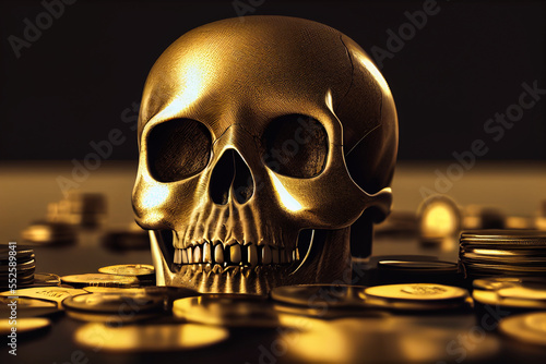 A golden skull on a table loaded with gold coins, reminding us that wealth does not bring immortality. An image rich in symbolism and atmosphere. photo