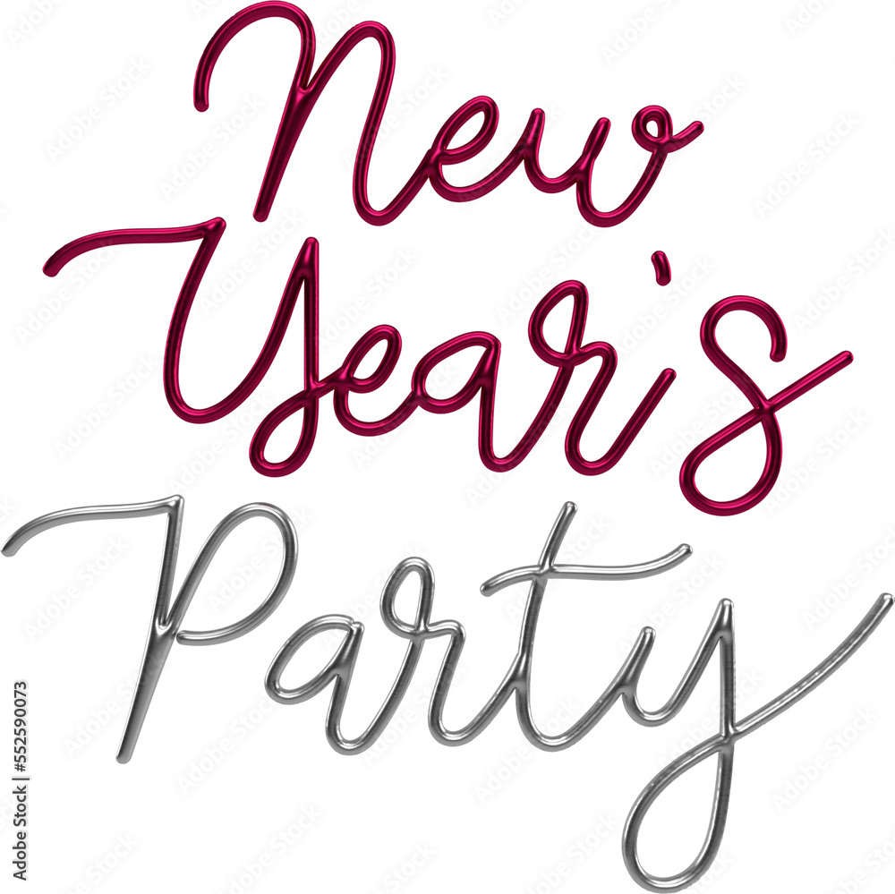 New Year's Party Silver And Viva Magenta 3D Metallic Thin Chrome Cursive Text Typography	