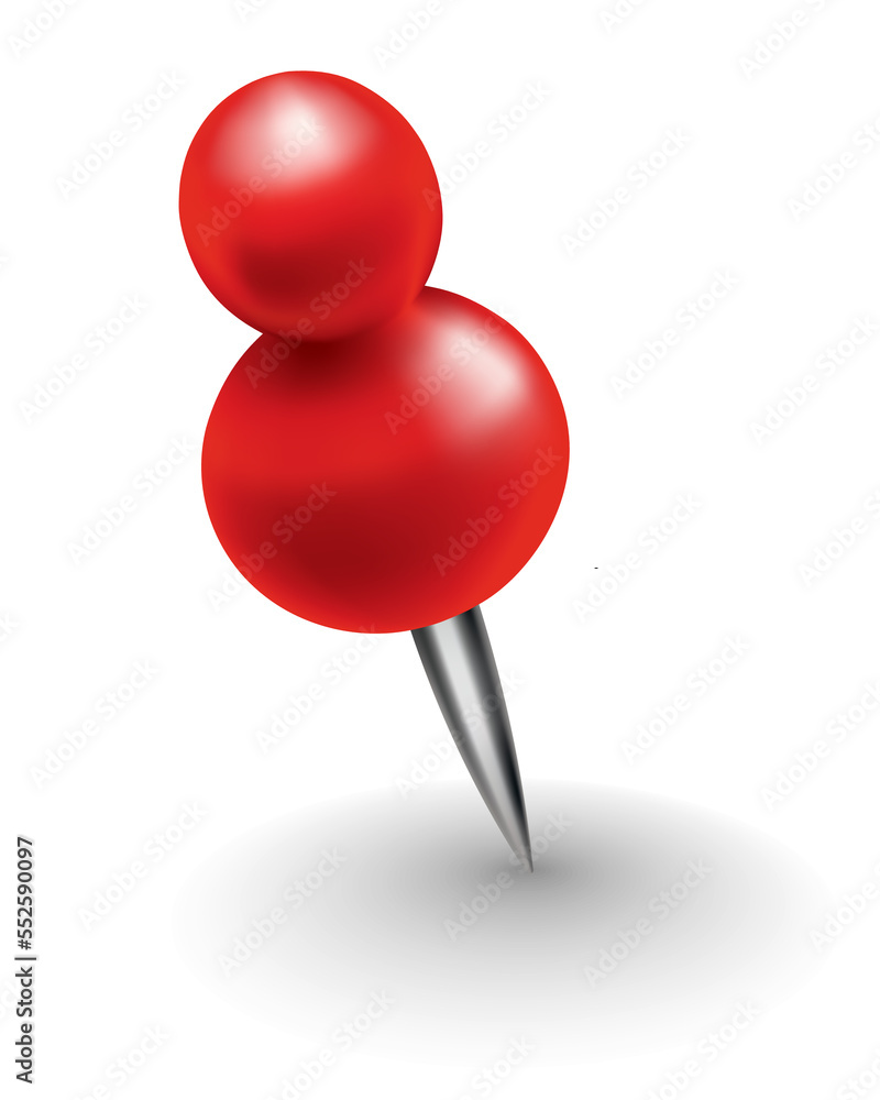 Red pushpin with shadow isolated on white. Fixation for note attach stickers. Stationery item, office paperwork equipment, secretary accessory Red pushpin with shadow isolated on white. Fixation for note attach stickers. Stationery item, office paperwork equipment, secretary accessory