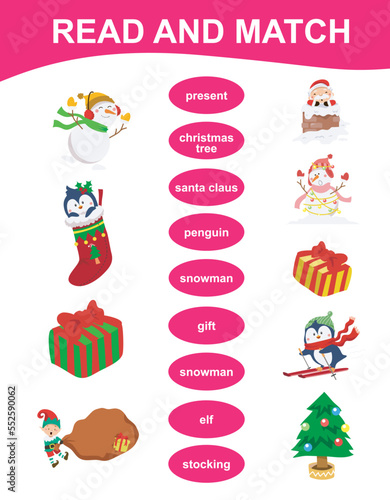 Read and match printable activity sheet. Matching English word with images using cute Christmas items. Educational printable worksheet for children. Kawaii vector illustration file.  © idcreative.ddid