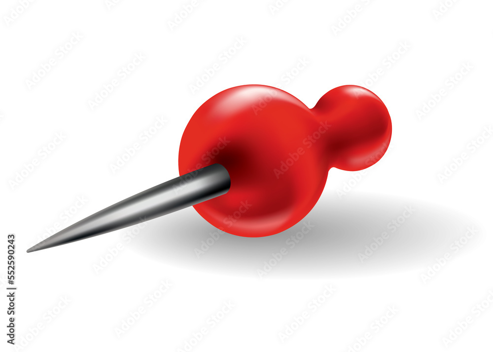 Red pushpin with shadow isolated on white. Fixation for note attach stickers. Stationery item, office paperwork equipment, secretary accessory Red pushpin with shadow isolated on white. Fixation for note attach stickers. Stationery item, office paperwork equipment, secretary accessory
