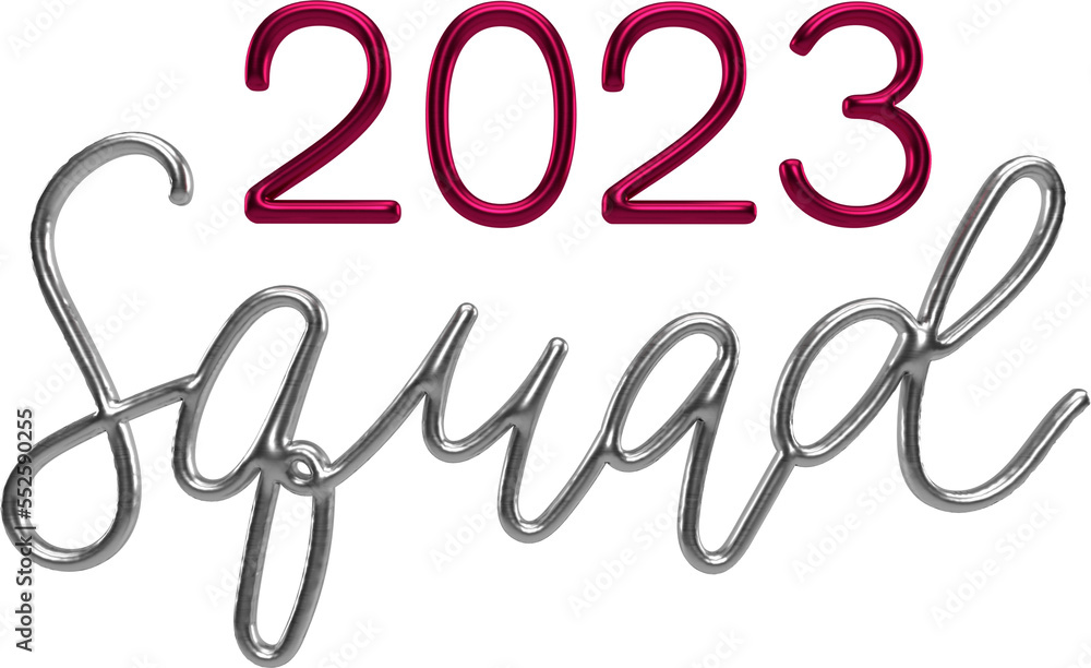 2023 Squad Silver And Viva Magenta 3D Metallic Thin Chrome Cursive Text Typography 2023 Squad Silver And Viva Magenta 3D Metallic Thin Chrome Cursive Text Typography