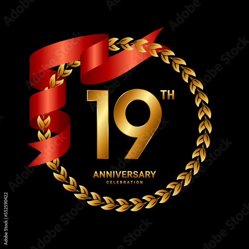 19th Anniversary Celebration. Anniversary Logo Design with Laurel Wreath and Red Ribbon for Celebration Event, Wedding, Invitation, Greeting Card. Logo Vector Illustration