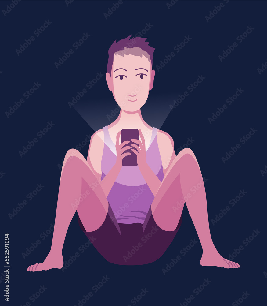 Smartphonesat night. People using gadget. Male person playing online video game or chatting on social networks in the bedtime. Charactes with phone device. Using mobile before sleep Smartphonesat night. People using gadget. Male person playing online video game or chatting on social networks in the bedtime. Charactes with phone device. Using mobile before sleep