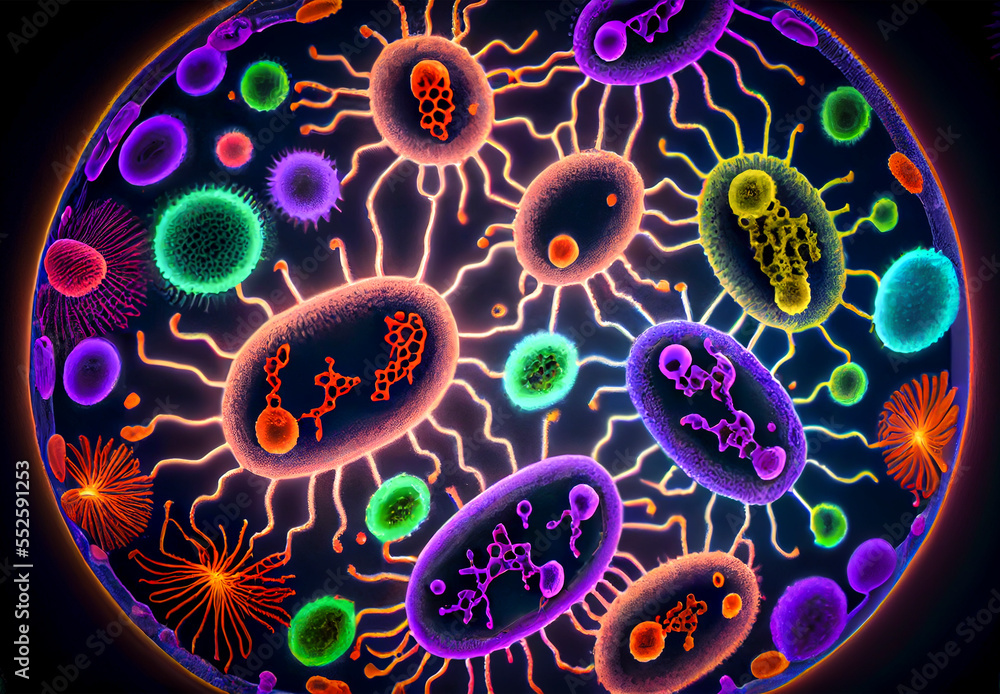 Beautiful microworld, microbes of different shapes, generative ai illustration in 3D style Beautiful microworld, microbes of different shapes, generative ai illustration in 3D style