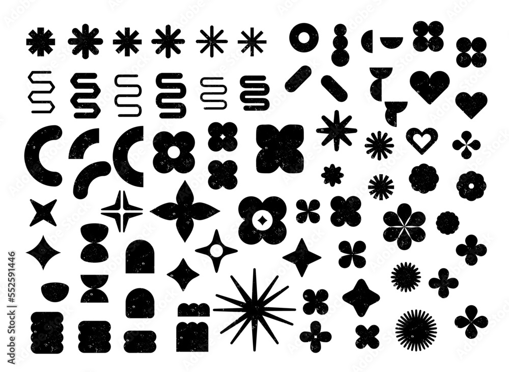 Gran conjunto de formas variadas; formas en color negro con textura grunge. Pegatinas de venta o descuento, iconos, insignias. Formas abstractas vatiadas vectorizadas