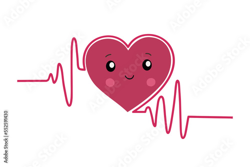 Pink Heartbeat icon isolated on white background. Pulse in the shape of a heart. Heart in kawaii style. Vector illustration