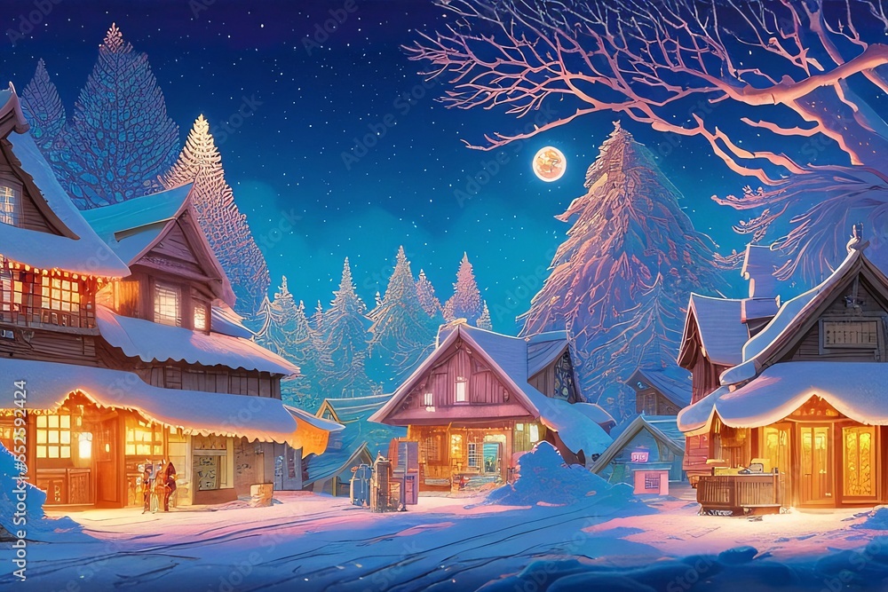 Digital Illustration of a picturesque Christmas Village Covered With Snow and Christmas Decorations
