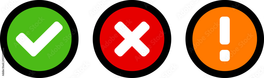 Green Yes or OK Red No or Declined Orange Problem or Warning Flat Icon Set with Check Mark X Cross and Exclamation Mark Symbols in Circles. Vector Image. Green Yes or OK Red No or Declined Orange Problem or Warning Flat Icon Set with Check Mark X Cross and Exclamation Mark Symbols in Circles. Vector Image.