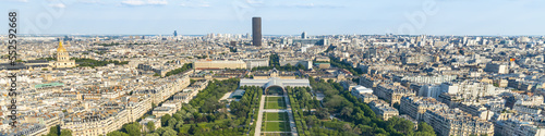 Champ de Mars park and Montparnasse tower seen from the second floor of the Eiffel Tower in Paris, France