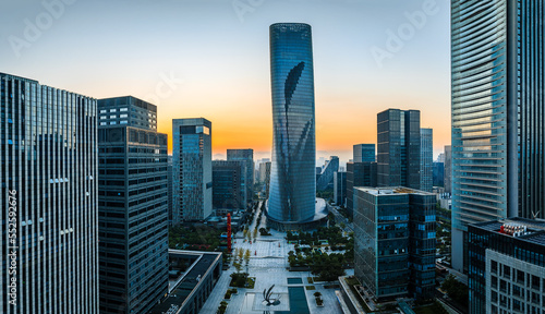 Aerial view of city skyline and modern buildings at sunrise in Ningbo  Zhejiang Province  China. East new town of Ningbo  It is the economic  cultural and commercial center of Ningbo City.