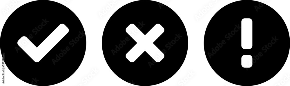 Black White Yes or OK and No or Declined and Problem or Warning Flat Icon Set with Check Mark X Cross and Exclamation Mark Symbols in Circles. Vector Image. Black White Yes or OK and No or Declined and Problem or Warning Flat Icon Set with Check Mark X Cross and Exclamation Mark Symbols in Circles. Vector Image.