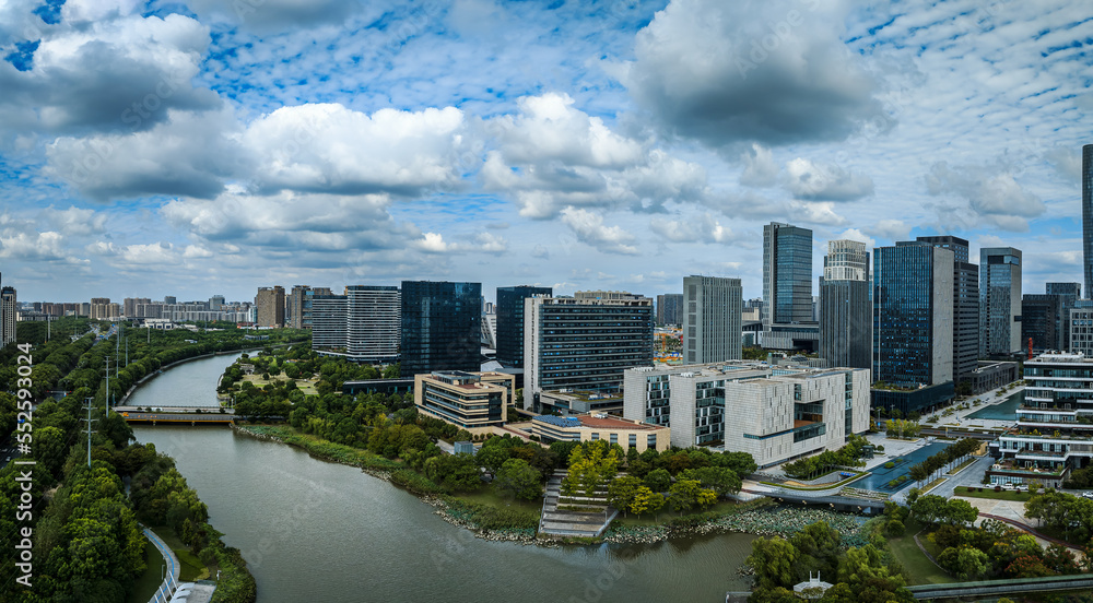 Obraz premium Aerial view of city skyline and modern buildings scenery in Ningbo, Zhejiang Province, China.