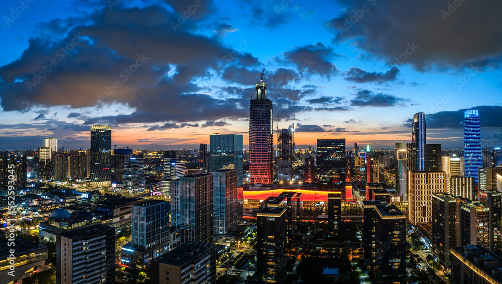 Fototapeta premium Aerial view of city skyline and modern buildings scenery in Ningbo at night, Zhejiang Province, China. 