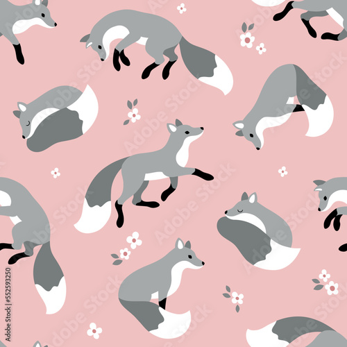 Seamless vector pattern with cute grey foxes and flowers. Perfect for textile  wallpaper or print design.