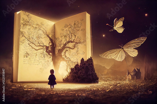 A storybook filled with magic, offering a wonderful scene with a dreamy child, magical butterflies, an old tree and a castle. A poetic and moving visual. photo