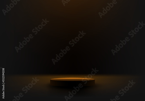 3D realistic empty black podium cylinder pedestal stand with lighting wall scene on dark studio room background