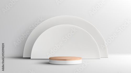 3D realistic empty wood grain top white podium pedestal with semicircle backdrop on white background