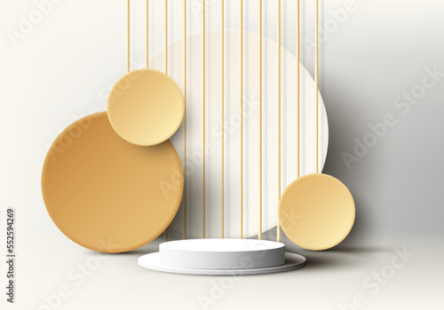 3D realistic empty white podium pedestal stand with yellow geometric circles backdrop on clean background