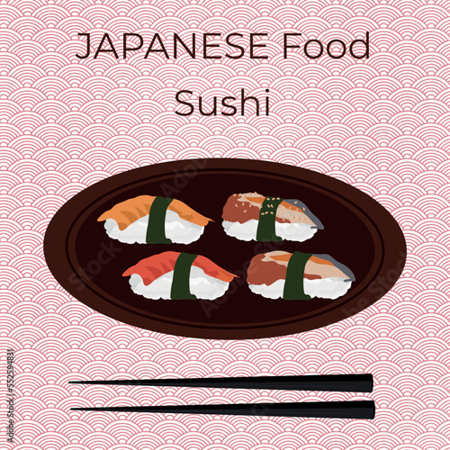 Sushi, traditional Japanese food. Asian seafood group. Template for sushi restaurant, cafe, delivery or your business.