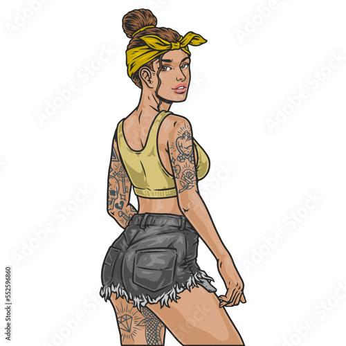 Cocky hipster girl colorful emblem