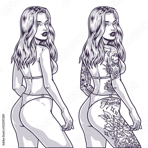 Cocky tattoo girl monochrome label