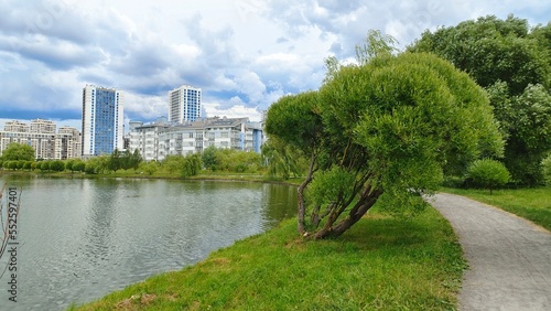On the shores of the lake grows grass and trees, whose branches lean over the water. On the far shore there are apartment buildings. The wind creates ripples on the water and drives clouds