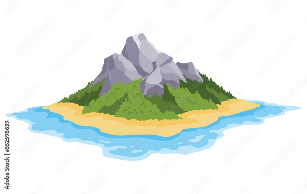 Fototapeta premium Tropical island with palm trees in ocean. Uninhabited isle with beach, rocks surrounded with sea water. Empty land and no people. Exotic natural landscape for vacation or summer weekend holiday