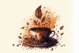 Coffee cup, Hand Drawn Digital Illustration, For use by Cafe and Restaurants on Menus, Print and Design. 