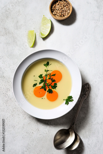 photography of a bowl of soup with a spoon in it - AI Generated