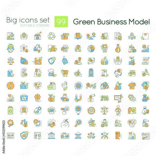 Environmental business model RGB color icons set. Eco-conscious society. Isolated vector illustrations. Simple filled line drawings collection. Editable stroke. Quicksand-Light font used