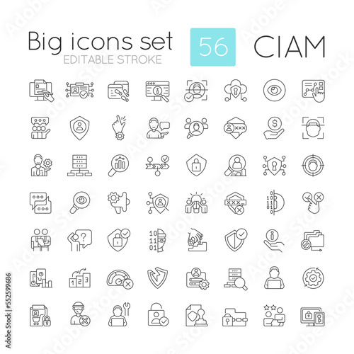 Consumer identity and access management linear icons set. Implementing CIAM. Customizable thin line symbols. Isolated vector outline illustrations. Editable stroke. Quicksand-Light font used photo