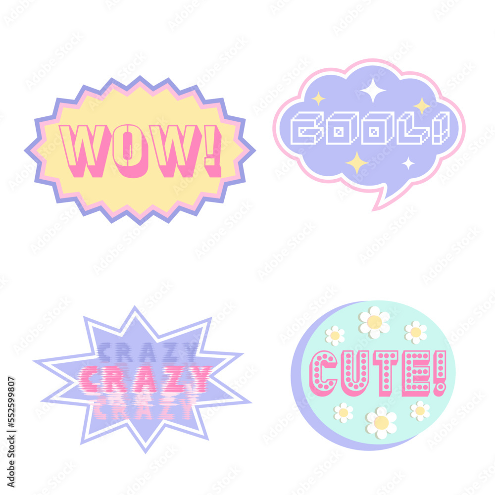 Wow, cool, crazy,cute stickers. Vector illustration of y2k, 2000s