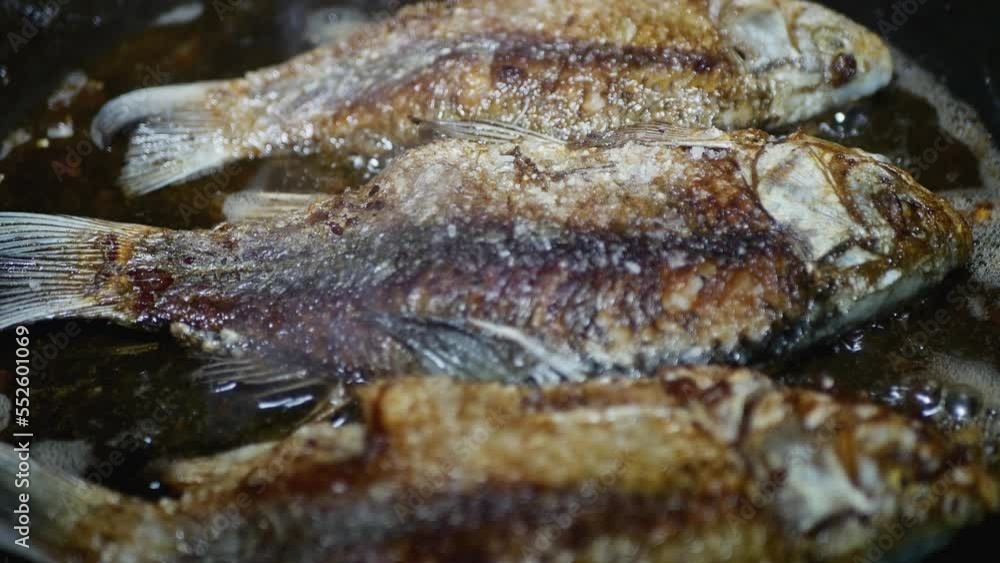 freshwater fish crucian fry in a frying pan, macro freshwater fish crucian fry in a frying pan, macro