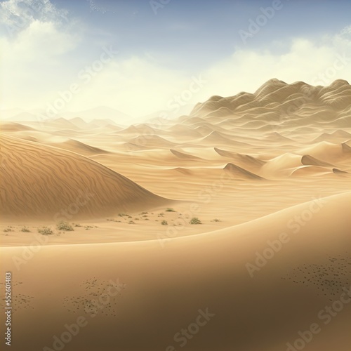 A desert stretching into the horizon with endless sand dunes. 