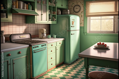 A 1940s style American kitchen, green. Generative AI photo