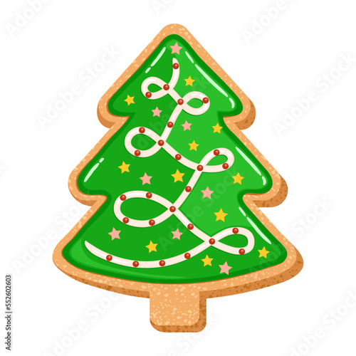 Christmas tree sugar cookie gingerbread glazed with icing. Home cooking Chrisrmas tree shape bisquit decorated with green glaze and stars topping. Handmade bakery sweet Xmas snack cartoon vector art.