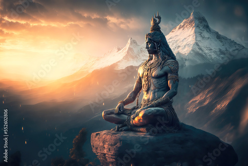 Fotografiet Generative AI : Hindu god Shiva, meditating on Mount Kailasa in the Himalayas